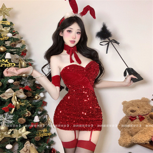 喵：亮片红色圣诞裙cos兔女郎性感抹胸纯欲连衣裙网红直播演出服