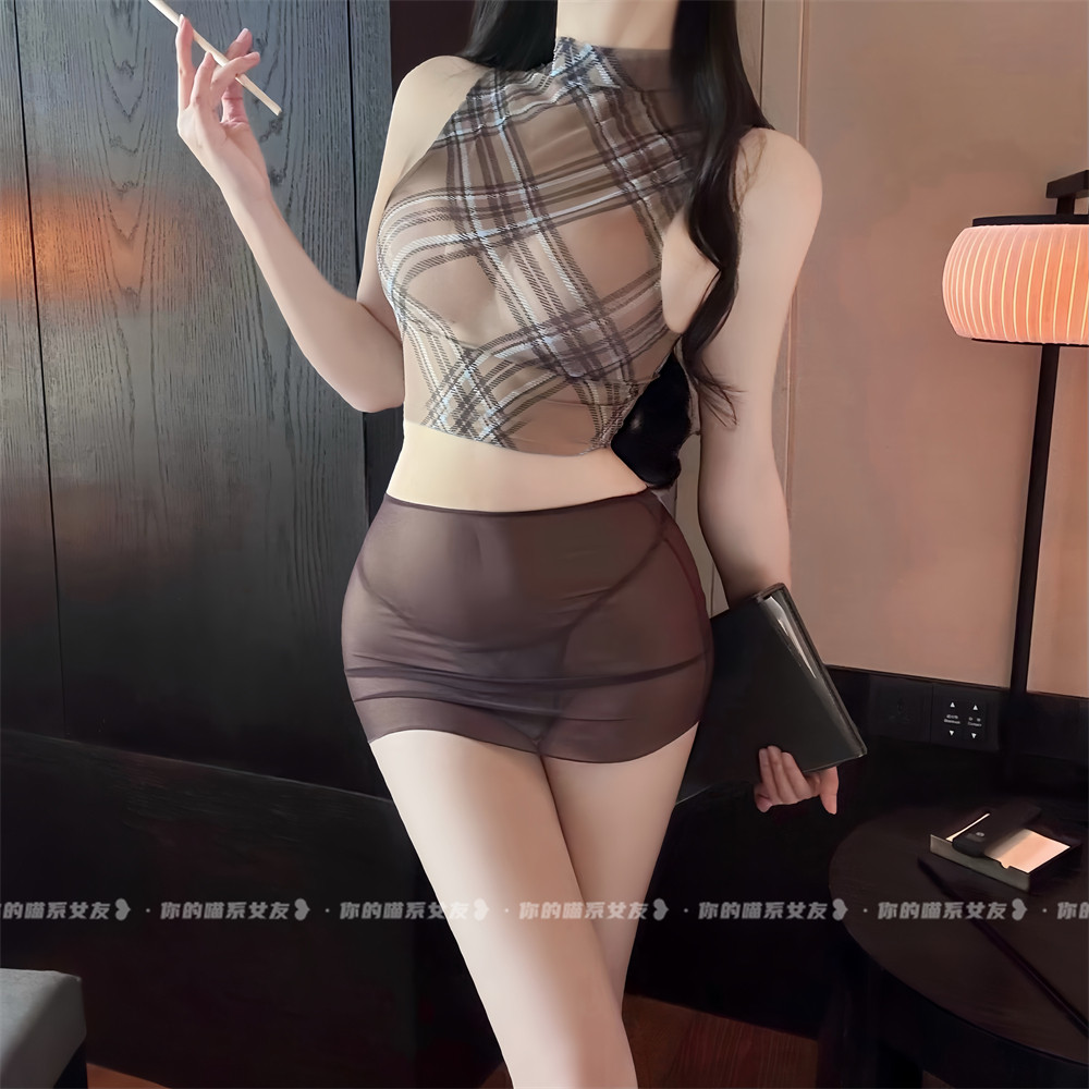 喵：财阀秘书*高级感复古格纹OL秘书套装女透视性感内衣包臀裙女