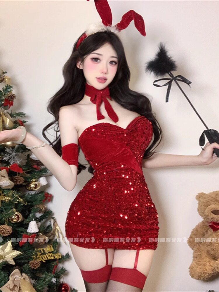 야옹: 스팽글 레드 크리스마스 드레스 왜냐하면 토끼 소녀 섹시한 튜브 탑 순수한 욕망 드레스 인터넷 연예인 라이브 공연 의상