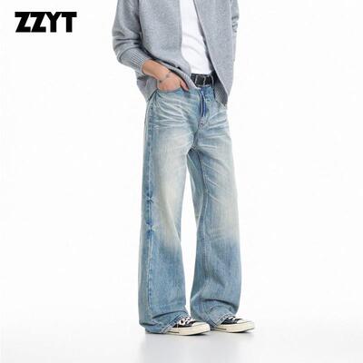 ZZYT美式复古水洗做旧直筒牛仔裤男宽松阔腿长裤休闲裤