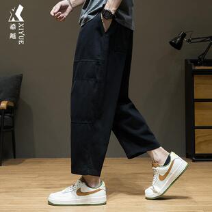 拼接休闲裤男款秋季纯色直筒裤子男秋冬宽松大码胖子夏季八分裤潮