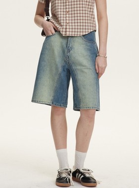 ZHYJ复古蓝牛仔裤水洗做旧百搭宽松五分裤美式直筒牛仔中裤夏季