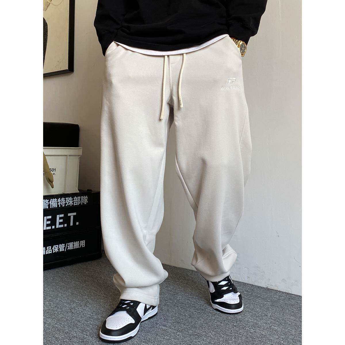 春秋季美式休闲痞帅高端针织卫裤男直筒宽松抽绳百搭阔腿运动裤子