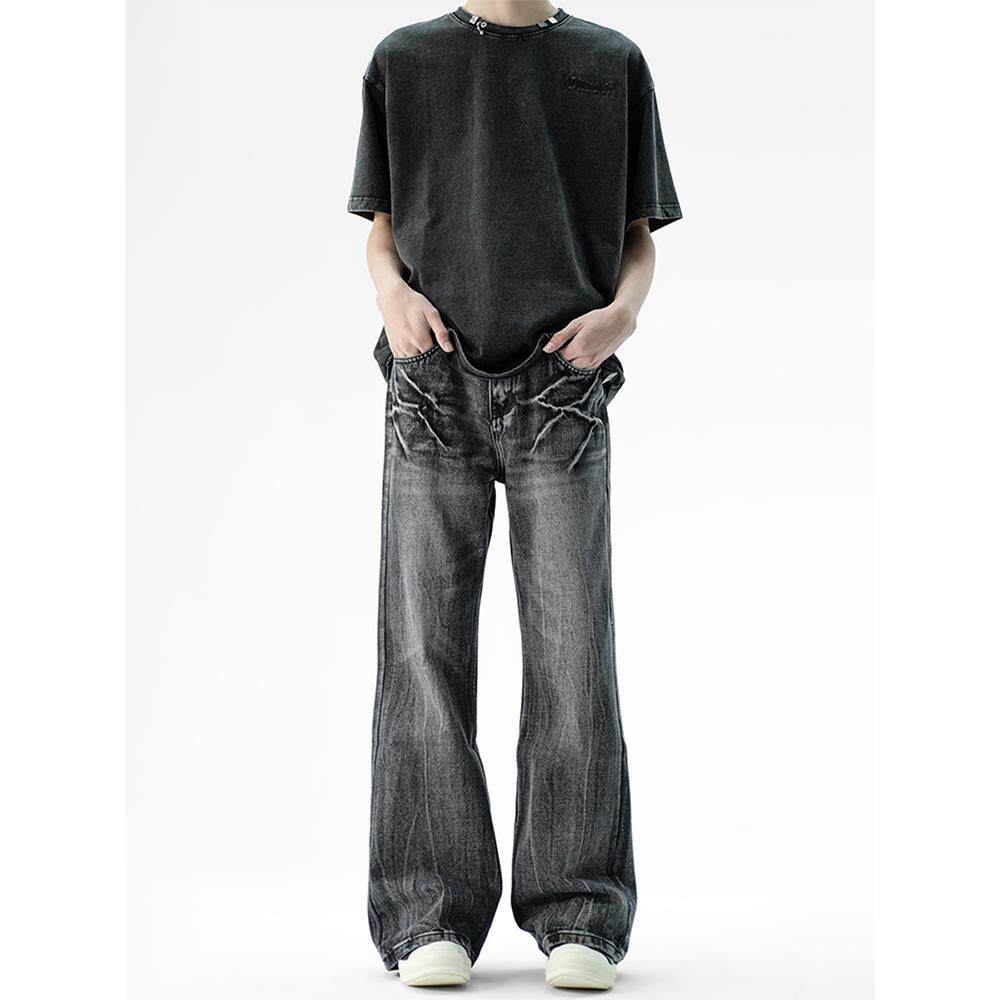 小柯XCOK美式高街闪电纹水洗黑色牛仔裤男直筒微喇裤cleanfit长裤