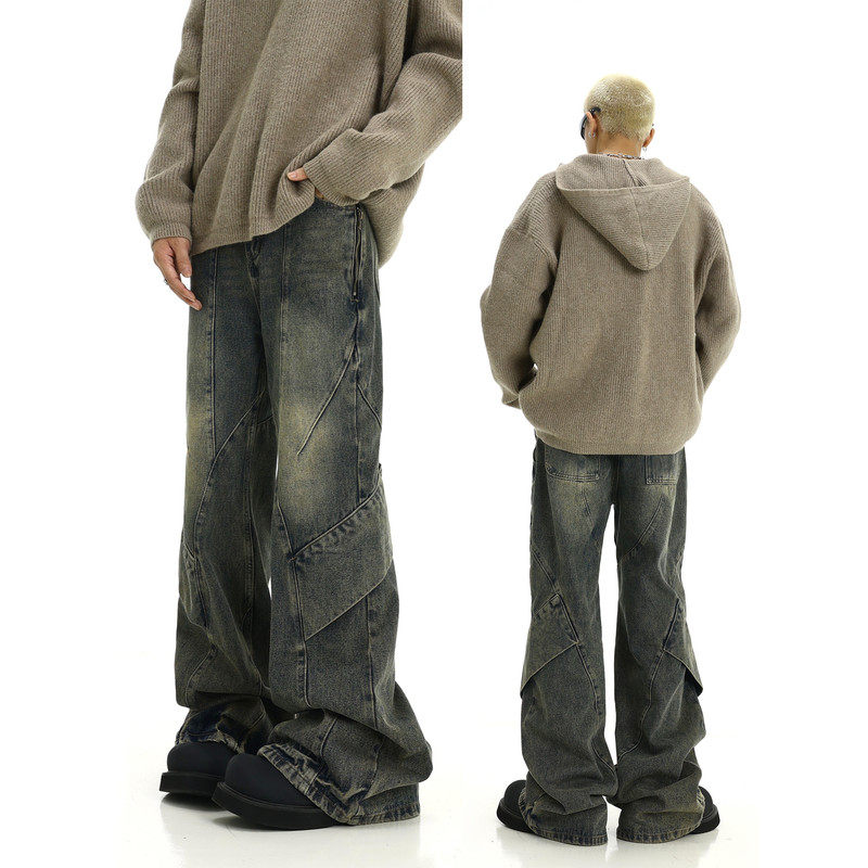 美式复古做旧黄泥水洗牛仔裤男高街设计感拼接不规则垂坠感微喇裤