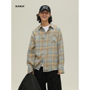 XAKA美式复古磨毛格子长袖衬衫男女情侣2025春秋宽松慵懒衬衣外套