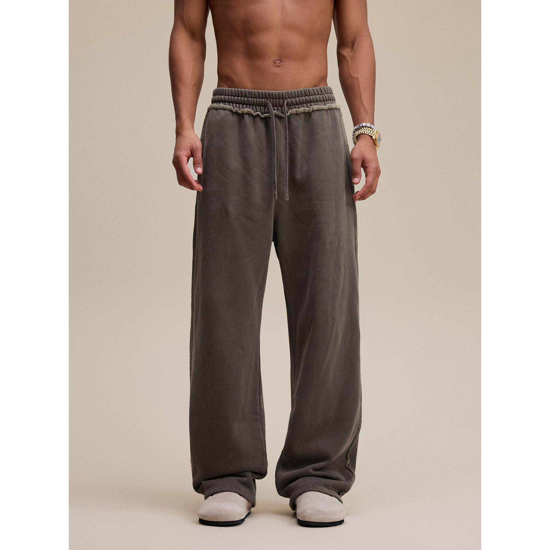 美式覆古400G重磅加绒水洗散边休闲长裤宽松垂坠感运动直筒卫裤男