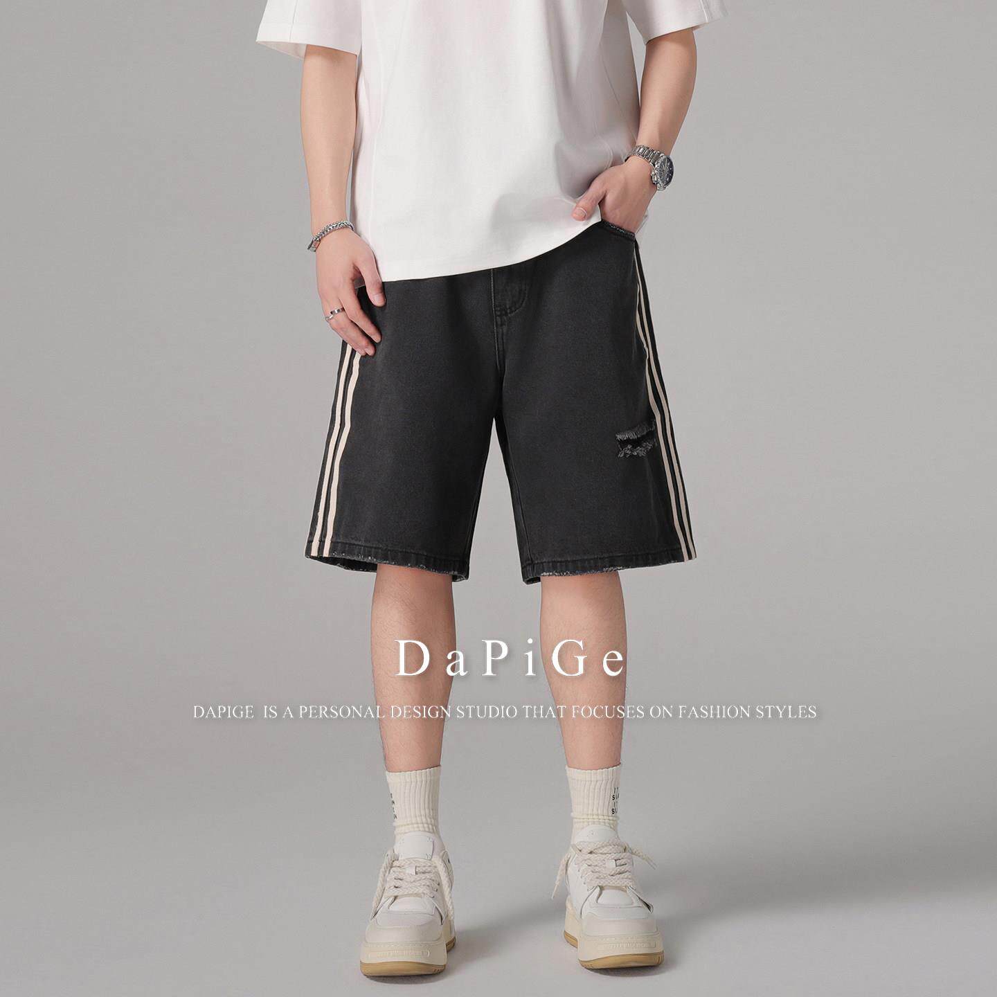 DaPiGe美式破洞牛仔短裤男夏季复古水洗做旧宽松直筒休闲五分裤子