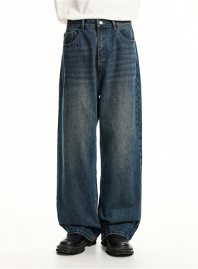 Voguo Relay 原创韩版宽松直筒深蓝复古水洗做旧牛仔裤男女阔腿裤