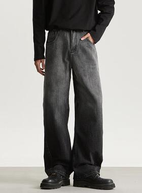 AGANONMEM复古宽松休闲水洗阔腿黑色牛仔裤高街百搭长裤男2025款