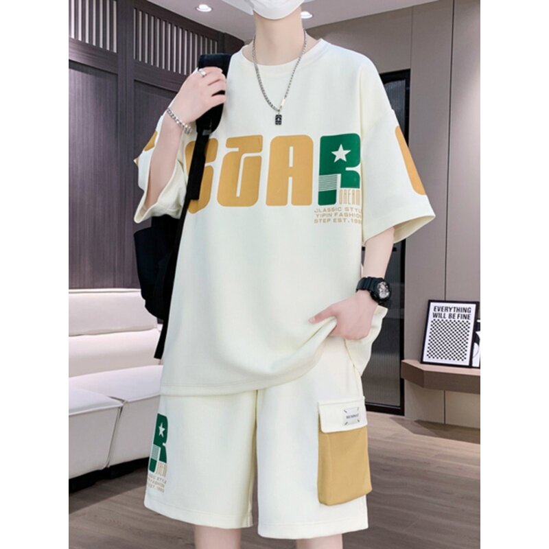 休闲运动套装男孩夏季宽松青少年学生T恤衫潮牌潮流短袖短裤一套