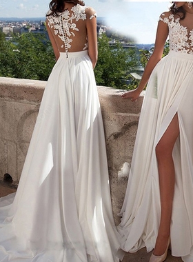 白色欧美外贸跨境新款婚纱礼服亚马逊wish性感蕾丝开叉晚礼服新款