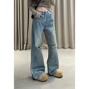 (漫天星)早春新款时尚辣妹破洞洋气百搭设计感牛仔裤2025新款女裤