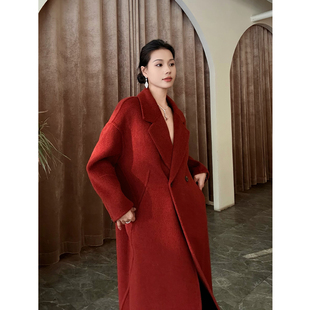 红色双面羊绒大衣女中长款2025新款秋冬小个子加厚宽松羊毛呢外套