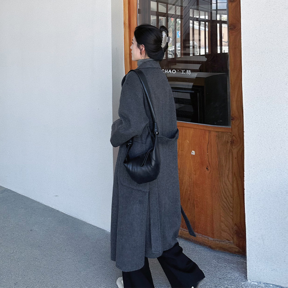 灰色双面羊绒大衣女中长款2025新款秋冬季韩系小个子毛呢西装外套