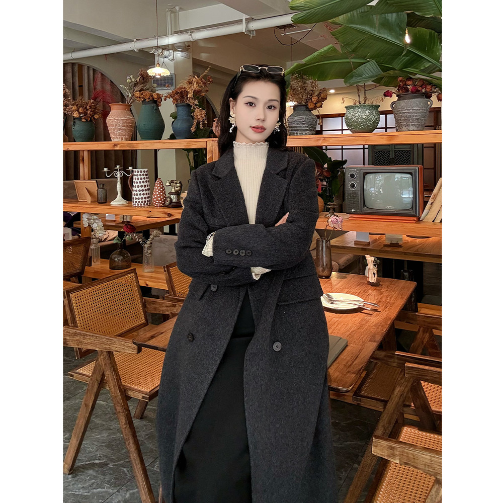 双面羊绒大衣女中长款2025新款秋冬季韩系收腰小个子毛呢西装外套