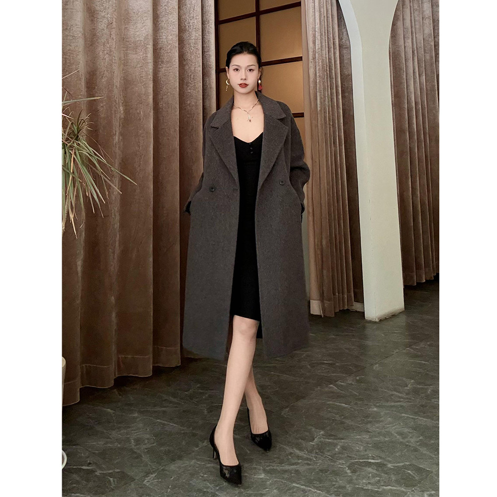 灰色双面羊绒大衣女2025新款小个子中长款秋冬季加厚毛呢西装外套