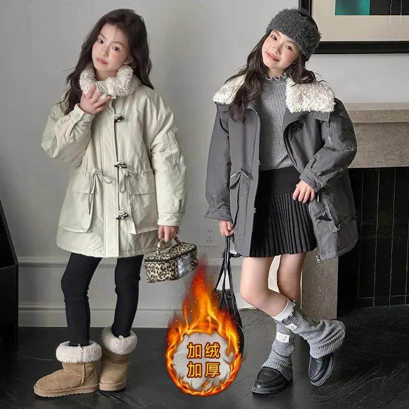 One金b沃甄选女孩女童秋冬毛领派克服中长款洋气韩范加绒外套棉服