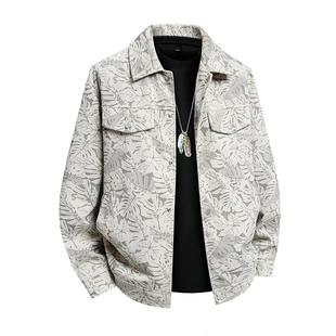 Birberry男装大码男士夹克春秋季潮牌大学生百搭宽松满印翻领外套