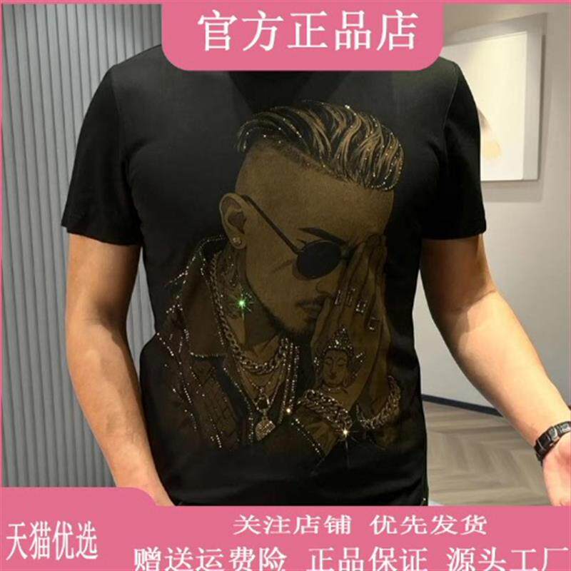 特琪轻奢服饰甄选欧货烫钻印花男人头圆领T恤潮流百搭修身时尚款