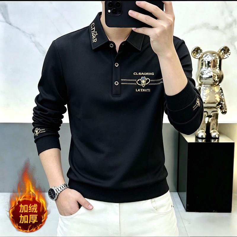 新款黑色加绒长袖Polo衫男高端刺绣皇冠商务休闲翻领长袖T恤上衣
