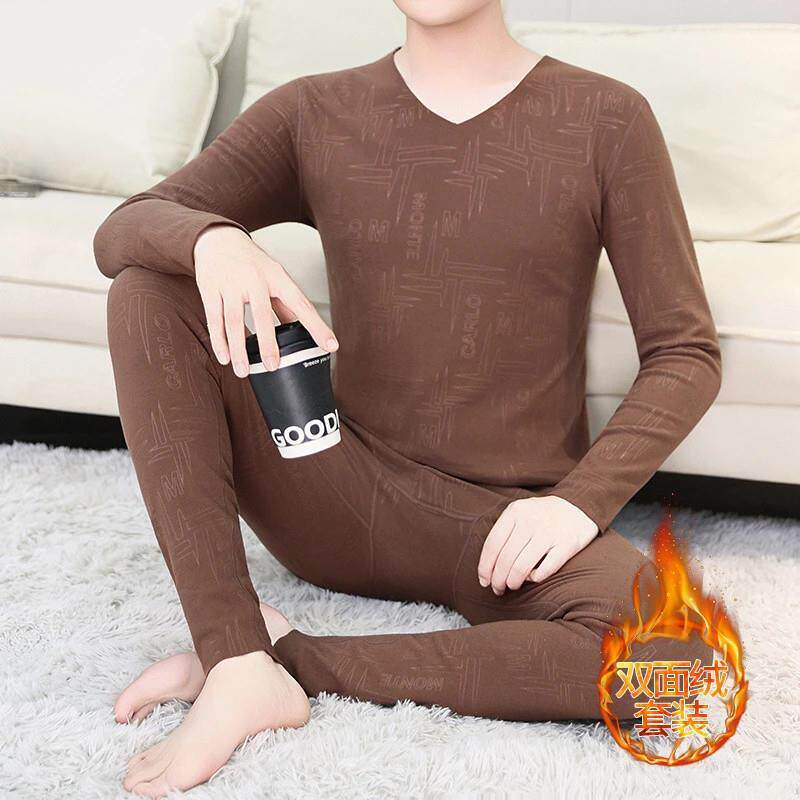 麻雀轻奢服饰秋冬男士保z暖内衣套装青少年V领双面德绒m两件套秋