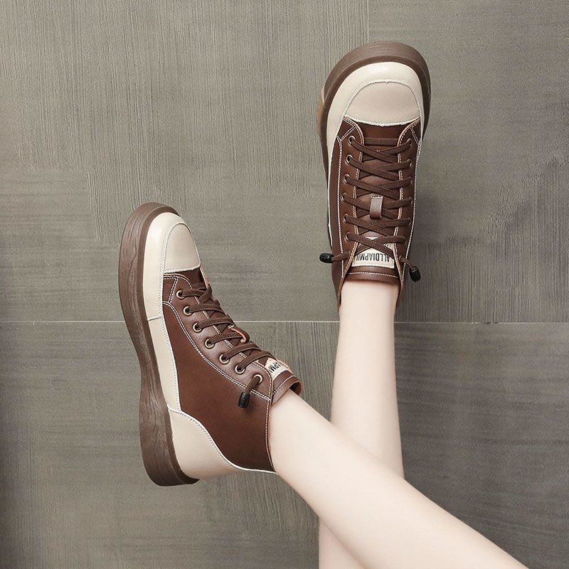 Soft leather thick sole new four seasons single shoes in spring and summer 2021 color matching Korean version versatile breathable sports high top womens shoes