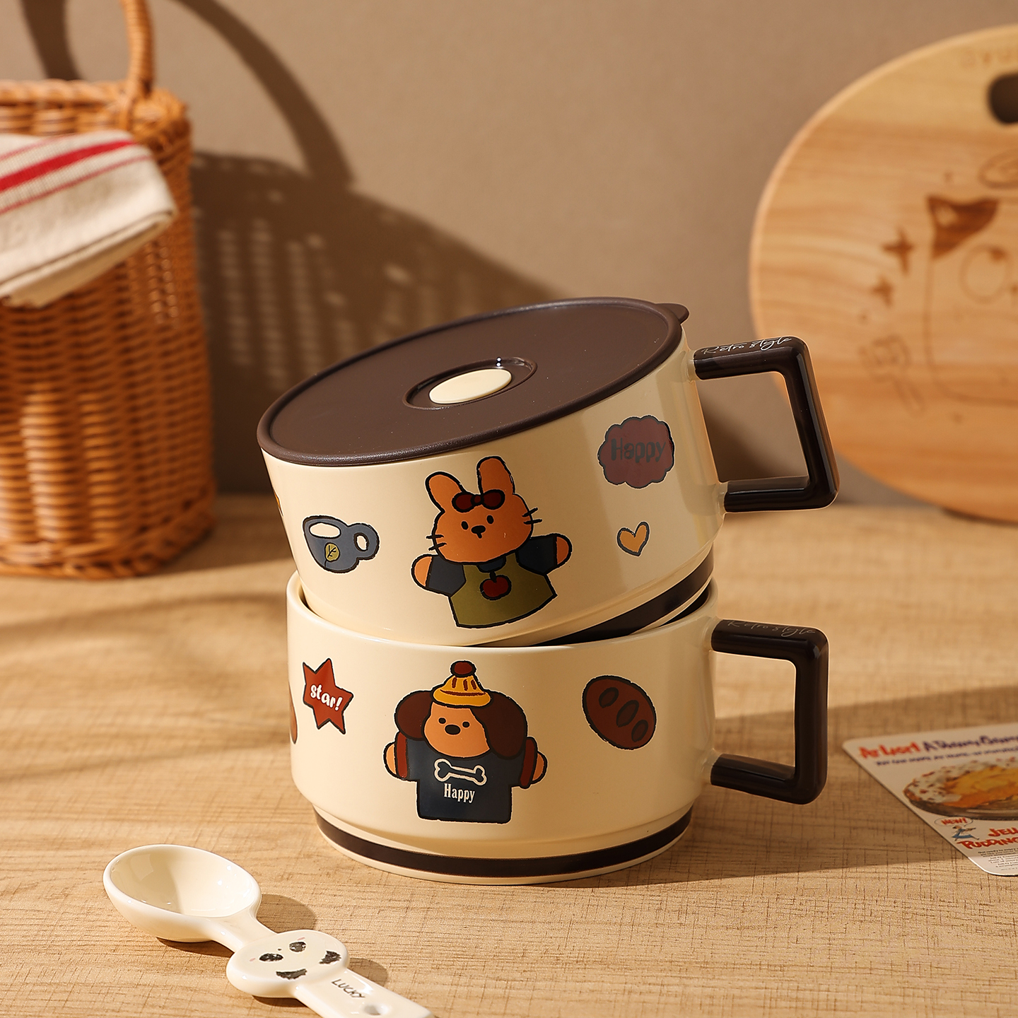 熊谷组高颜值泡面碗带盖陶瓷饭盒