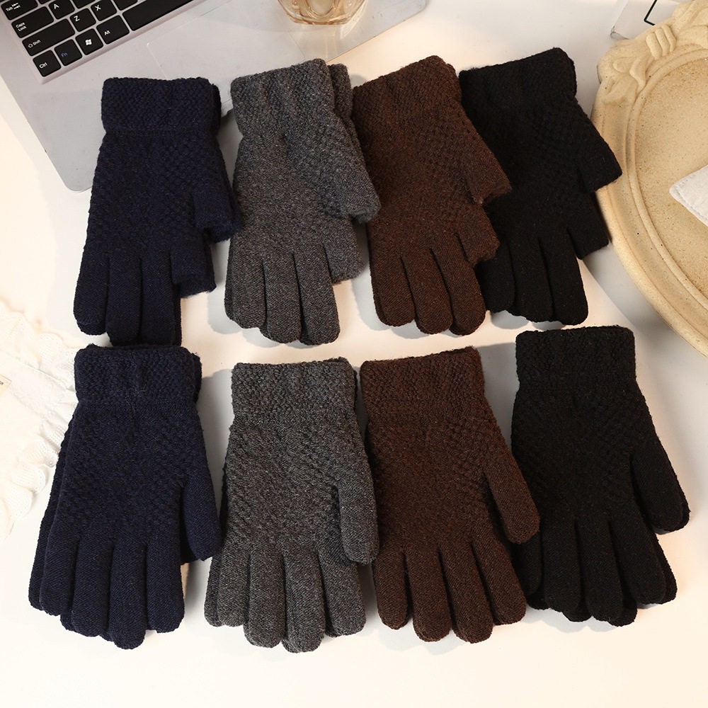 冬季男女保暖毛线针织露指冬天打游戏手套学生写字玩手机加厚分指