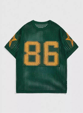 欧美新款镂空设计86数字星星宽松套头针织T圆领短袖运动潮流毛衣