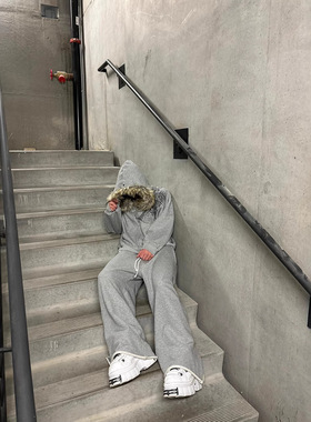 欧美绒毛帽子卫衣印花图案长袖套头连帽衫复古外套街头潮流y2k