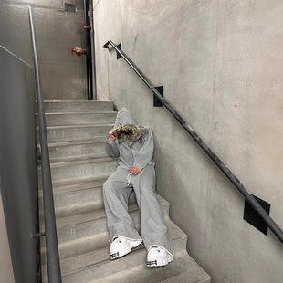 欧美绒毛帽子卫衣印花图案长袖套头连帽衫复古外套街头潮流y2k