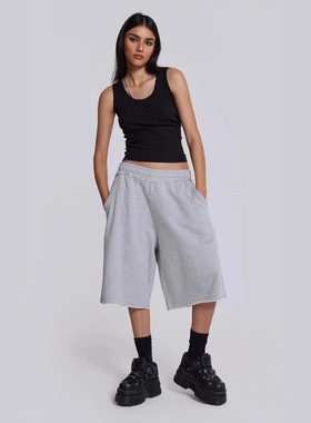 欧美跨境美式复古个性街头潮流毛边灰色宽松休闲裤七分裤情侣夏