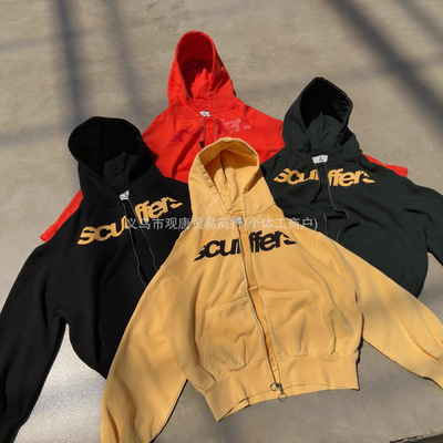 欧美跨境scuffers嘻哈休闲街头字母印花拉链连帽卫衣y2k宽松百搭