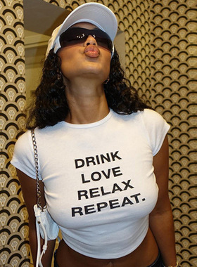 夏季欧美街头跨境个性潮流辣妹字母印花短款圆领百搭修身露脐T恤