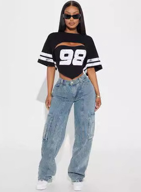 欧美风亚马逊跨境新款数字印花镂空设计印花修身短款短袖黑色 t恤