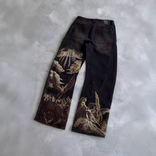 子懒散牛仔裤 跨境原宿复古蝙蝠图案印花宽松牛仔裤 街头Y2K裤
