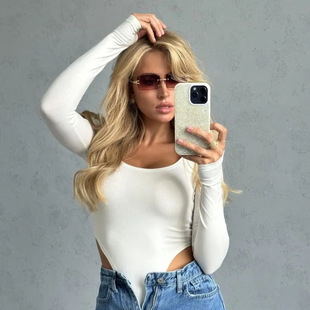 紧身连体衣上衣女装 欧美跨境个性 街头辣妹性感t恤百搭低胸长袖