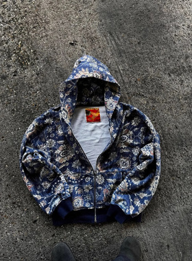 现货2025年数码印花ins街头美式复古拉链男女连帽卫衣一件