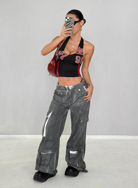 夏季新品欧美跨境潮流辣妹性感挂脖数字印花显瘦短款露脐背心