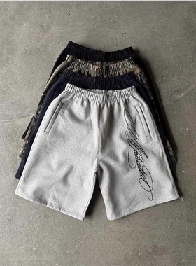 跨境厂家直销美式复古水洗潮流图案休闲短裤宽松街头风直筒裤子男