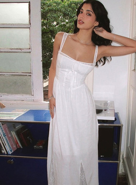 欧美跨境女装新款纯欲性感蕾丝拼接方领无袖收腰吊带连衣裙女2224