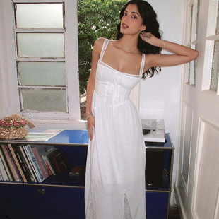 欧美跨境女装新款纯欲性感蕾丝拼接方领无袖收腰吊带连衣裙女2224