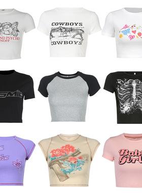 欧美短款女装Y2K 休闲百搭修身露脐婴儿字母印花图案T恤 短袖上衣