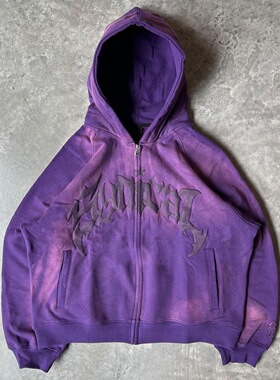 2024新品美式复古拉链卫衣哥特字母星星印花连帽衫潮男休闲外套