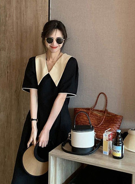 2025新款高端精致法式娃娃领黑色连衣裙子女夏季梨形微胖显瘦长裙