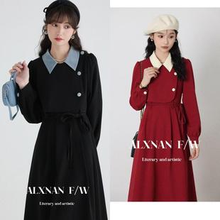 長袖 收腰顯瘦連衣裙氣質(zhì)垂感通勤穿搭 桔梗假兩件連衣裙秋冬款 法式