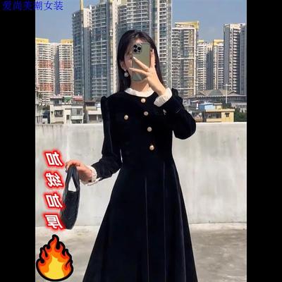 新中式国风加绒加厚连衣裙女秋冬季大码新款气质显瘦小个子连衣裙