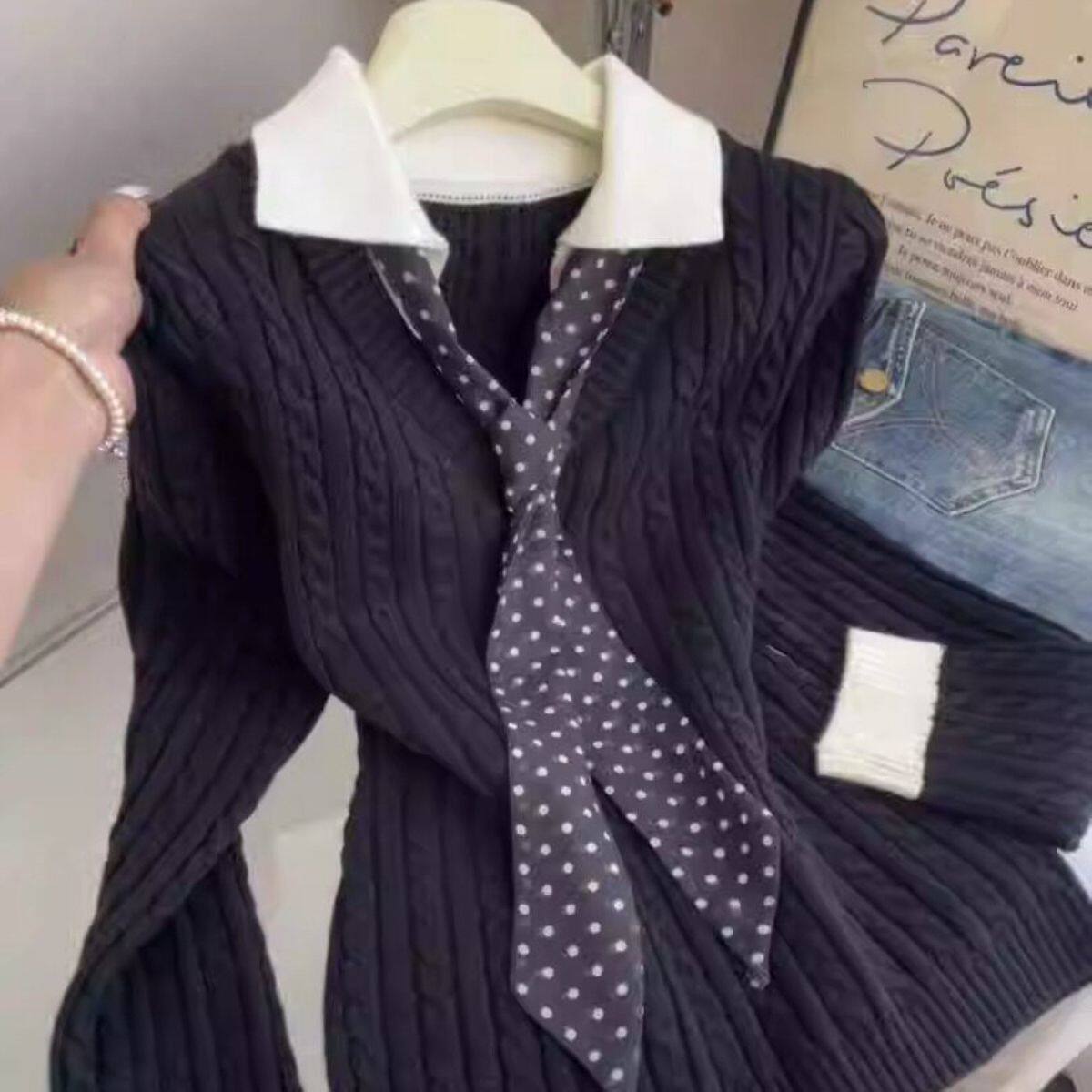 韩系设计感黑色拼色假两件波点领带长袖针织衫女绝美内搭毛衣上衣