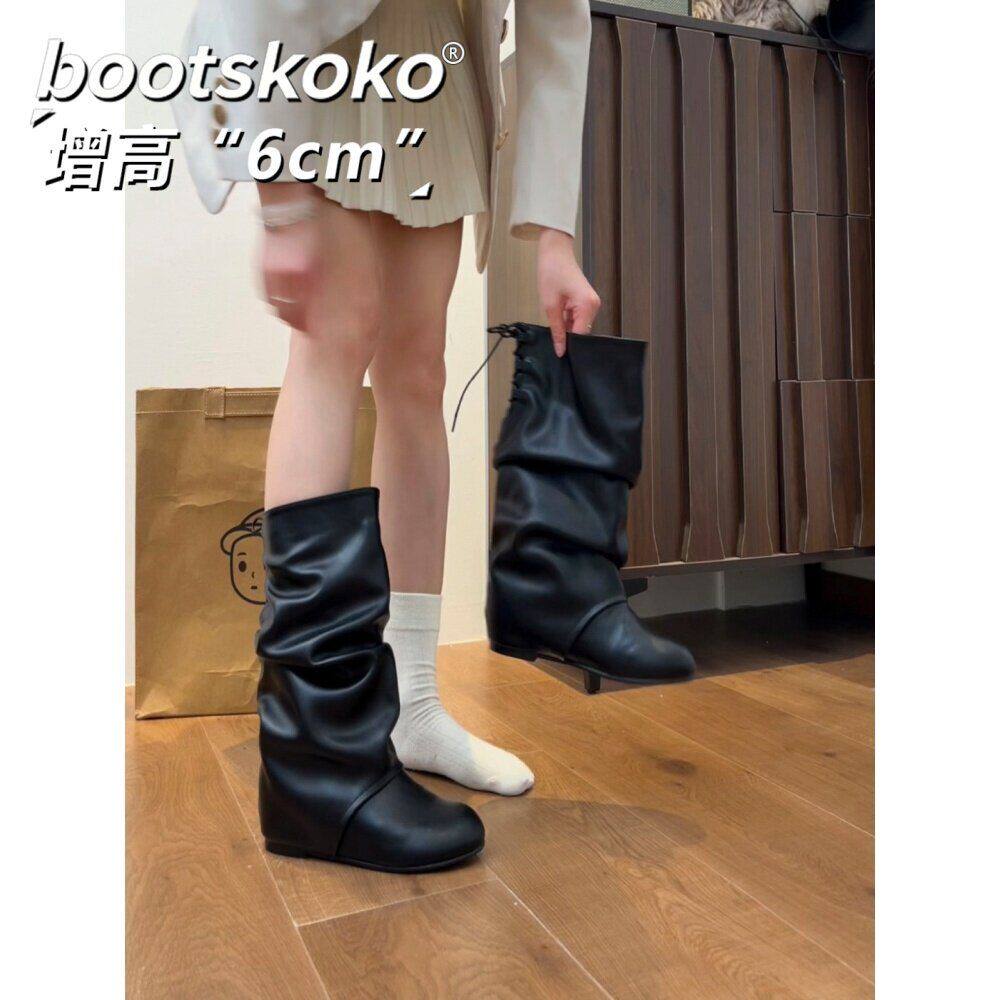 中筒日本外贸原单秋冬季宽松褶皱平底大码中筒靴森系堆堆女靴